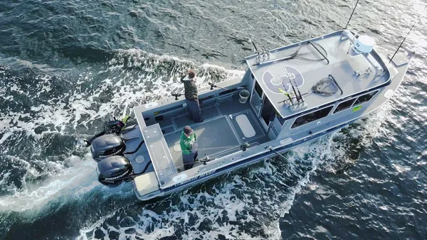 A lodge boat on the water